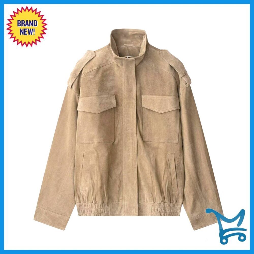 Vintage Faux Suede Leather Jacket Oversized Bomber with Pockets